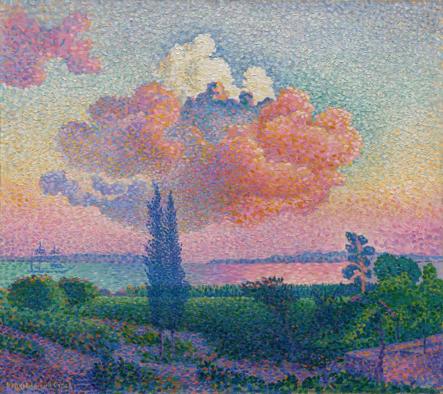 landscape with poplar trees and hills, lake, and fluffy clouds painted in vivid pink and purple with dot-like brushtrokes