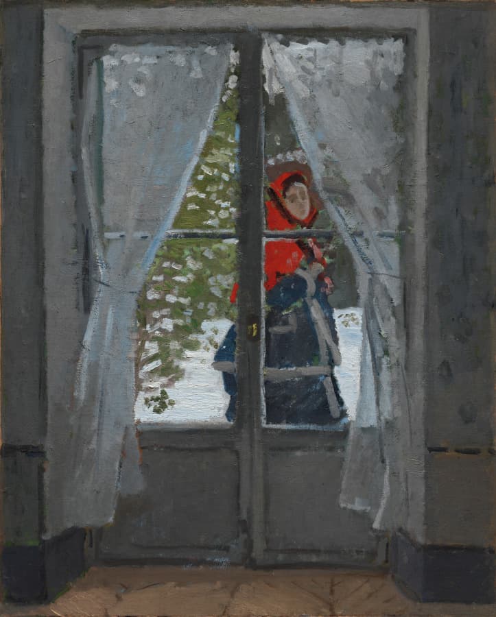 A woman wearing a red garment over their head like a hood is turning sideways to look through a set of glass door panes as she walks past outside in a winter landscape. 