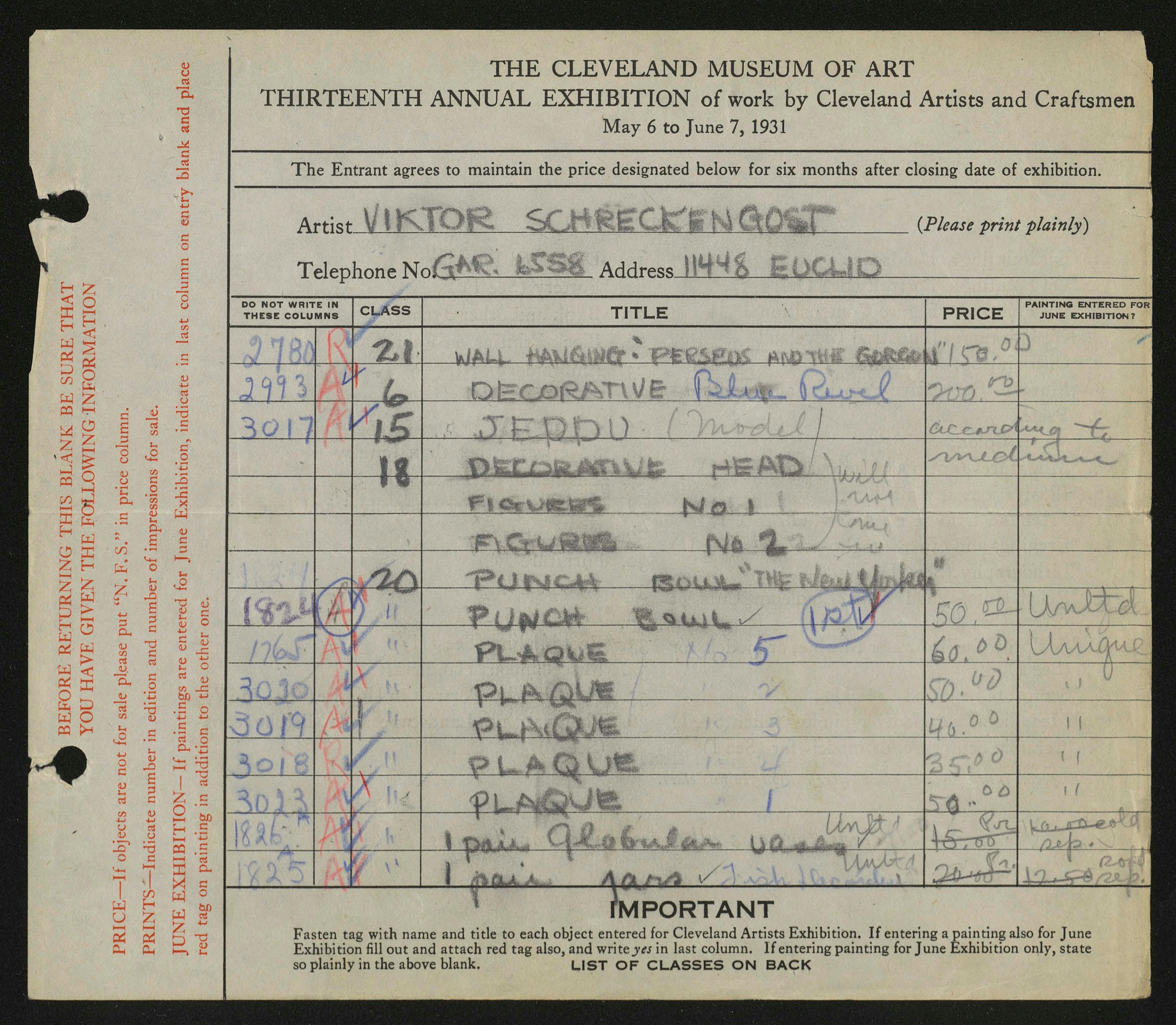 Viktor Schreckengost's May Show entry card from 1931