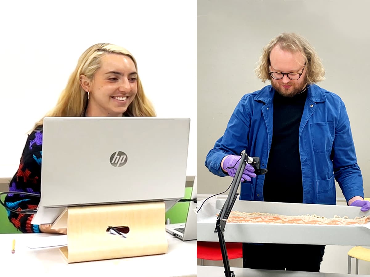 gallery teachers on a laptop and document camera providing a lesson virtually