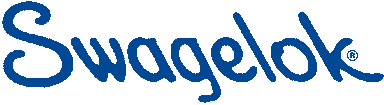 Swagelok logo leans dramatically to the left with bold blue letters --as if written with a marker