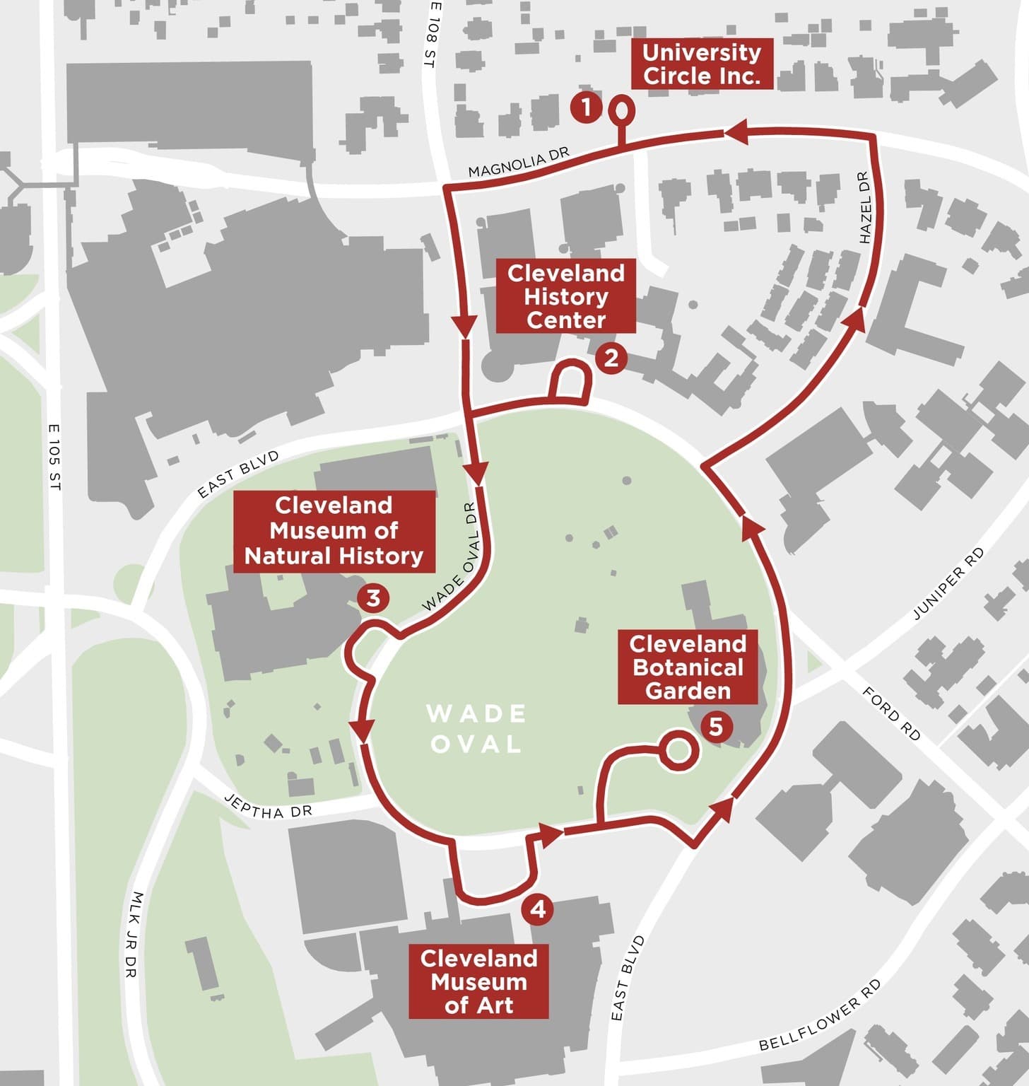 Map of university circle which shows free shuttle bus route.